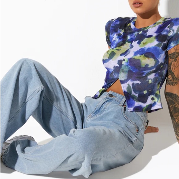 MOTEL ROCKS Sianda Crop Top In Abstract Watercolour Blue - Picture 5 of 7